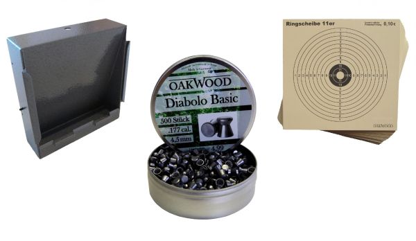Kugelfangkasten + Zielscheiben für Luftdruckwaffen + Oakwood Glatt Diabolos 4,5 mm